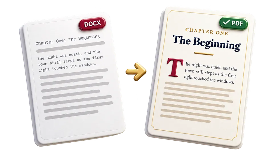 Word manuscript transformed into a typeset book page with chapter heading and drop cap