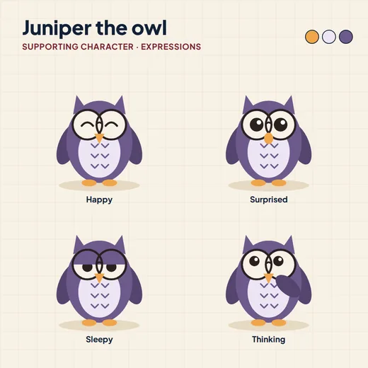 Expression sheet for Juniper the owl with glasses: happy, surprised, sleepy and thinking