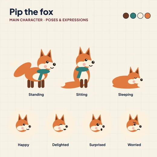 Character sheet for Pip the fox: standing, sitting and sleeping poses, plus happy, delighted, surprised and worried expressions
