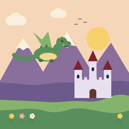 Single-page illustration: a friendly green dragon flying over purple mountains and a white castle with red roofs at sunset