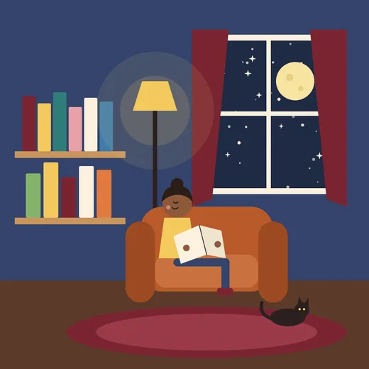 Single-page illustration: a girl reading in an orange armchair beside a lamp, bookshelves and a moonlit window, with a black cat on the rug