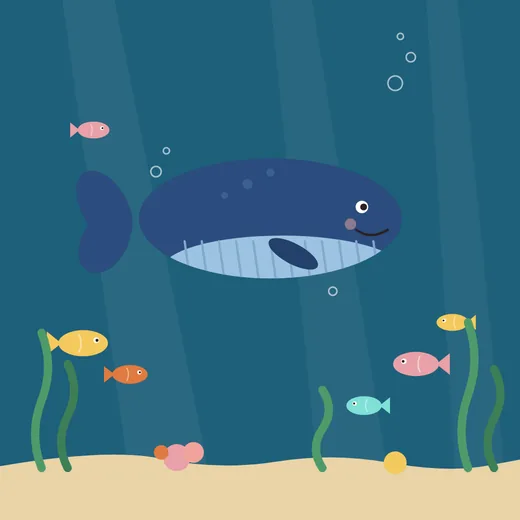 Single-page illustration: a smiling blue whale swimming among colourful fish, seaweed, coral and bubbles
